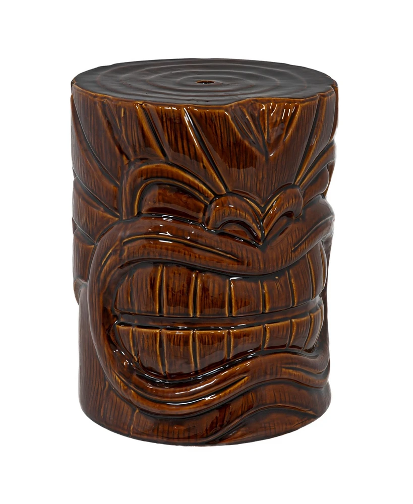 Tropical Tiki Head Ceramic Garden Stool Side Table with Wood-Look Finish - Indoor or Outdoor Use - 17.25-Inch H