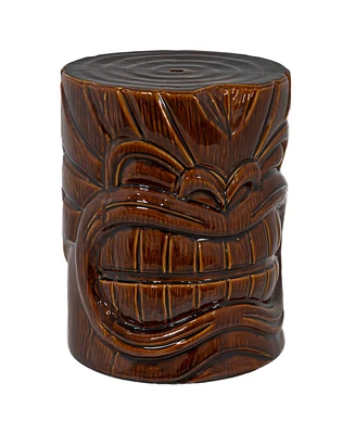 Tropical Tiki Head Ceramic Garden Stool Side Table with Wood-Look Finish - Indoor or Outdoor Use - 17.25-Inch H