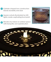 Metal Cylinder Bubbler Outdoor Water Fountain - 14.25-Inch - Features Led Lights and Repeating Squares Pattern