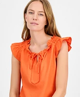 Robbie Bee Women's Ruffled-Sleeve Split-Neck Shift Dress