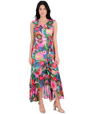 kensie Women's Printed Chiffon Ruffle-Trim Maxi Dress