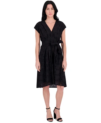 kensie Women's Embroidered Tie-Waist Midi Dress