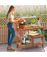 Outdoor Garden Potting Wood Planting Workstation with Open Shelves