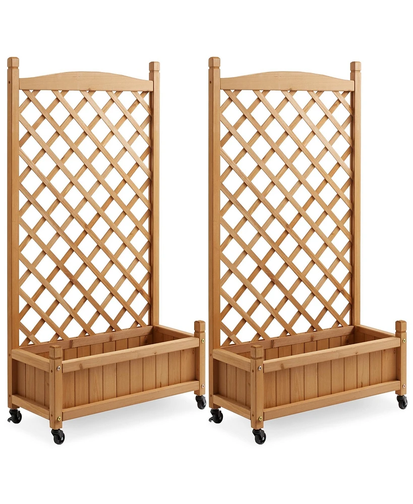 Set of 2 - 48" Raised Garden Bed with Trellis, Wooden Diamond Lattice for Climbing Plants and Planter box with Drainage Holes and Wheels