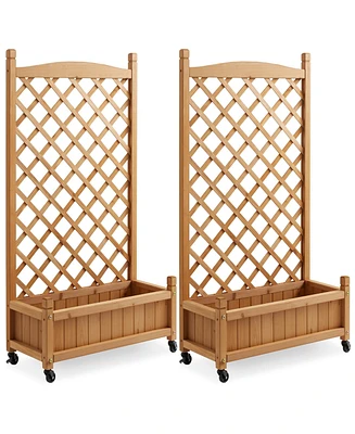 Set of 2 - 48" Raised Garden Bed with Trellis, Wooden Diamond Lattice for Climbing Plants and Planter box with Drainage Holes and Wheels