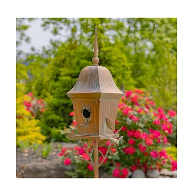 Copper Finish Metal Garden Birdhouse with Stake and Pole for Outdoor Decor