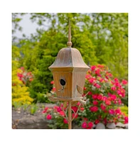 Copper Finish Metal Garden Birdhouse with Stake and Pole for Outdoor Decor