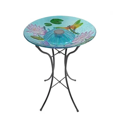 Outdoor Glass Bowl Bird Bath with Metal Stand and Solar Powered Light