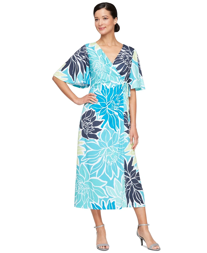 Sl Fashions Women's Printed Faux-Wrap Short-Sleeve Dress