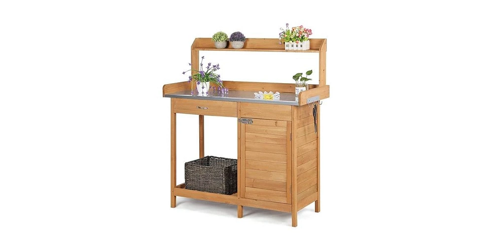 Potting Bench with Galvanized Steel Table Top for Durable Outdoor Gardening