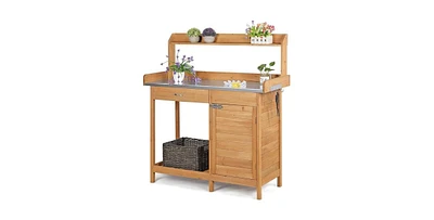 Potting Bench with Galvanized Steel Table Top for Durable Outdoor Gardening