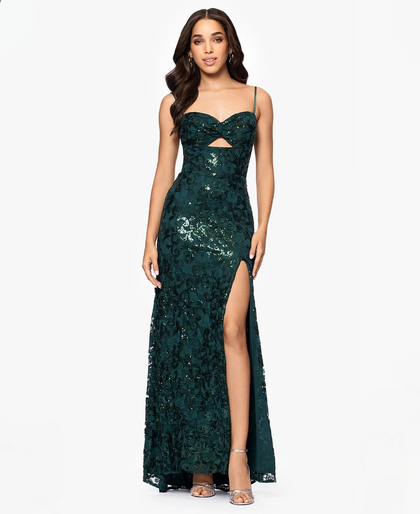 Blondie Nites Juniors' Sequined Lace Cutout-Front Lace-Up-Back Gown