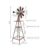 51-Inch Rustic Windmill Metal Garden Statue with Tiers - Yard Art, Lawn and Garden Sculpture Decor - Brown/Copper