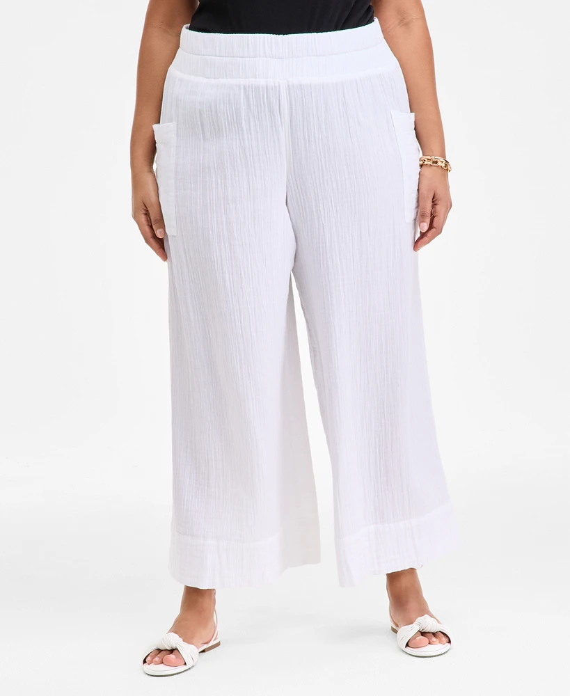 On 34th Plus Cotton Gauze Smocked-Waist Wide-Leg Pants, Exclusively at Macy's