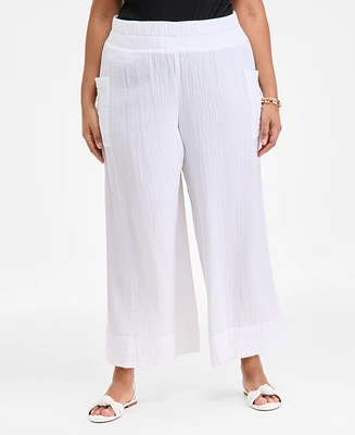 On 34th Plus Cotton Gauze Smocked-Waist Wide-Leg Pants, Exclusively at Macy's