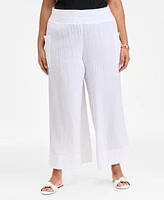 On 34th Plus Cotton Gauze Smocked-Waist Wide-Leg Pants, Exclusively at Macy's