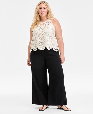 On 34th Plus Cotton Gauze Smocked-Waist Wide-Leg Pants, Exclusively at Macy's