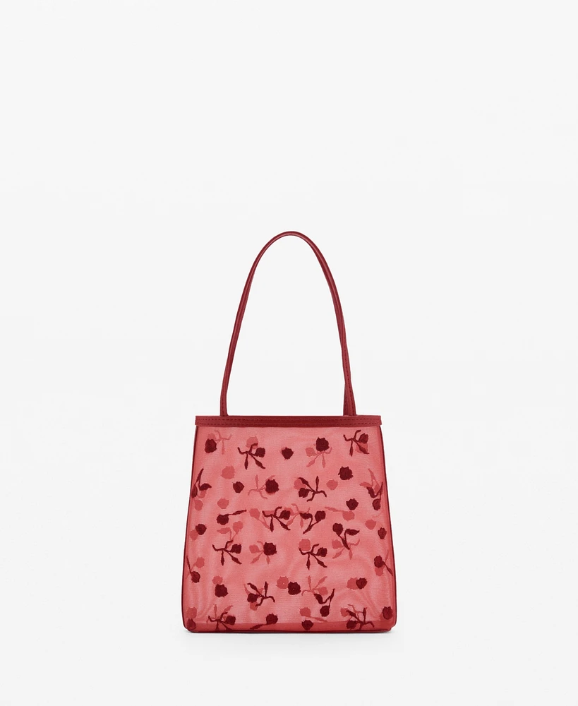 Mango Women's Flower-Embroidered Mesh Bag