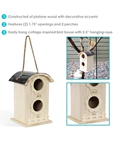 2-Level Wooden Bungalow Hanging Outdoor Bird House - Platane Wood Garden Decor - Features Two 1.75-Inch Diameter Openings and 0.5-Inch Long Perches