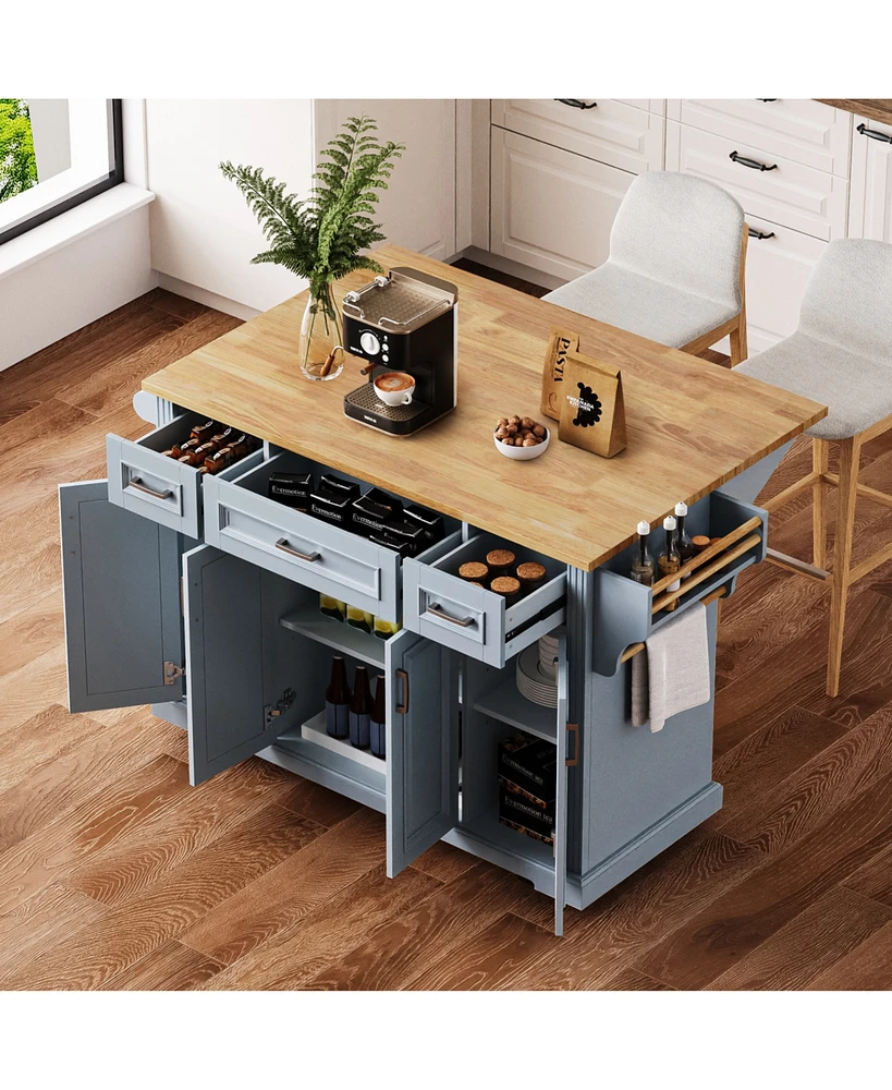 54in Kitchen Island with Drop Leaf, Storage, and Wheels
