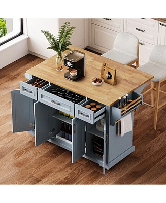 54in Kitchen Island with Drop Leaf, Storage, and Wheels