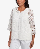 Alfred Dunner Women's Estate of Mind Embellished Lace Two One Crew Neck Top