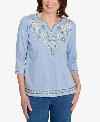 Alfred Dunner Women's Flower Power Embroidered Daisy Split Neckline Top