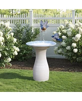 LuxenHome Blue Rim Feather-Pattern White Ribbed 20-Inch Tall Ceramic Birdbath