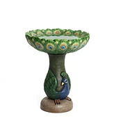 LuxenHome Blue and Green Peacock 20.5-Inch Tall Resin Birdbath