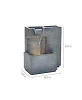 LuxenHome Cascading Gray with Speckled Black Rectangle 20-Inch Tall Resin Garden Fountain with Lights and Planter