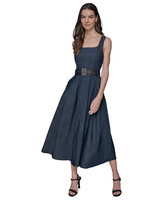 Karl Lagerfeld Paris Women's Belted Stretch Denim Midi Dress