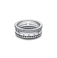 Pandora Sterling Silver Signature Logo Pave and Beads Ring
