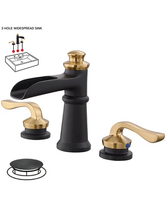 8 in. Waterfall Widespread 2-Handle 3 Holes Bathroom Faucet With Metal Drain in Spot Resist Black Gold