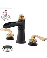8 in. Waterfall Widespread 2-Handle 3 Holes Bathroom Faucet With Metal Drain in Spot Resist Black Gold