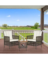 Gymax 3PCS Patio Wicker Bistro Set Furniture Set Pe Rattan Table Set w/ Cushions