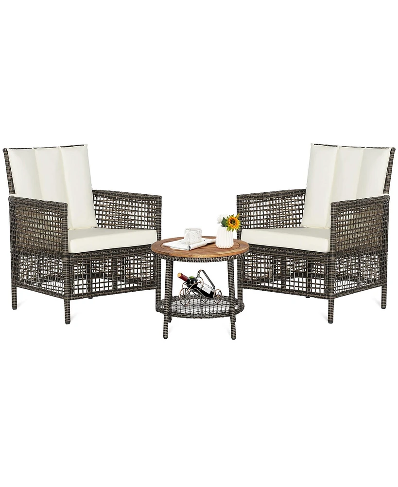 Gymax 3PCS Patio Wicker Bistro Set Furniture Set Pe Rattan Table Set w/ Cushions