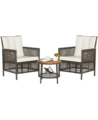 Gymax 3PCS Patio Wicker Bistro Set Furniture Set Pe Rattan Table Set w/ Cushions
