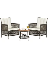 Gymax 3PCS Patio Wicker Bistro Set Furniture Set Pe Rattan Table Set w/ Cushions