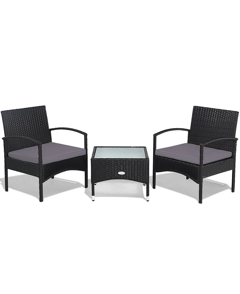 Gymax 3 Pcs Patio Wicker Rattan Furniture Set Coffee Table & 2 Rattan Chair W/Cushion