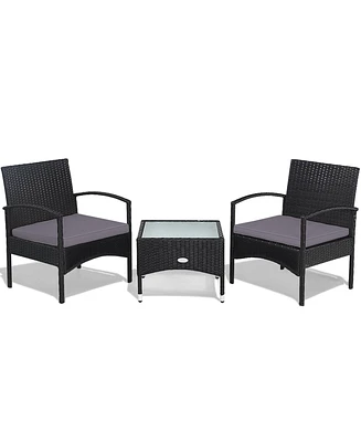 Gymax 3 Pcs Patio Wicker Rattan Furniture Set Coffee Table & 2 Rattan Chair W/Cushion