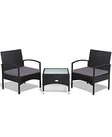 Gymax 3 Pcs Patio Wicker Rattan Furniture Set Coffee Table & 2 Rattan Chair W/Cushion