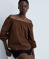 Mango Women's Gathered Neck Cotton Blouse Top