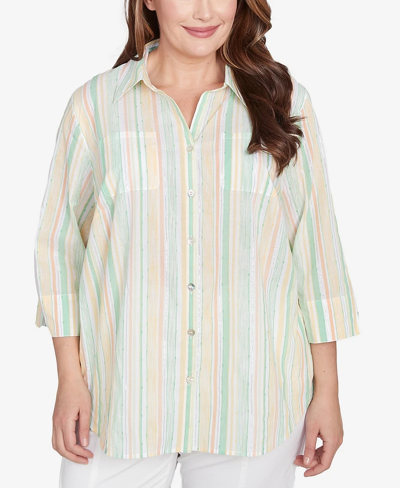 Alfred Dunner Plus Rise and Shine Sunny Stripes Button Down Top