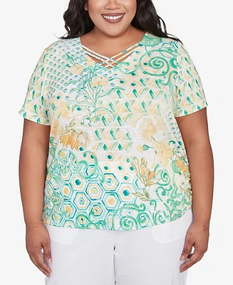 Alfred Dunner Plus Rise and Shine Tropical Geometric Patchwork Top
