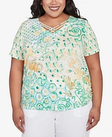 Alfred Dunner Plus Rise and Shine Tropical Geometric Patchwork Top