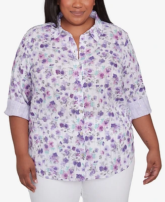 Alfred Dunner Plus Crystal Springs Floral Contrast Cuff Button Down Top