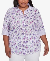 Alfred Dunner Plus Crystal Springs Floral Contrast Cuff Button Down Top
