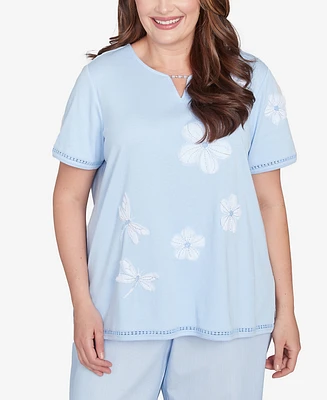 Alfred Dunner Plus St. Thomas Dragonfly Flower Applique Crew Neck Top