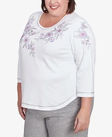 Alfred Dunner Plus Crystal Springs Embroidered Flower Crew Neck Top