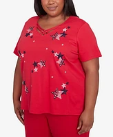 Alfred Dunner Plus Land of The Free Embroidered Stars V-Neck Top